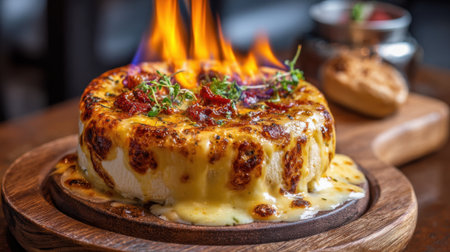 A large, cheesy, and gooey dessert sits on a wooden plate. The dessert is covered in melted cheese and has a few pieces of bacon on top. The dish is surrounded by a few other items, including a bowlの素材