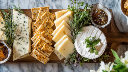 A beautiful cheese platter features various cheeses herbs and crunchy crackers arranged artfully.の素材