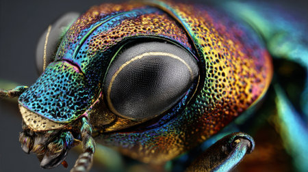 A stunning close view of a bright beetle highlights its colorful patterns and remarkable features.の素材