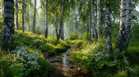 Bright sunlight filters through tall trees illuminating a tranquil stream surrounded by vibrant greenery.の素材
