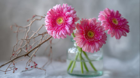 Bright pink flowers rest in a clear glass vase accompanied by slender branches adding natural charm.の素材