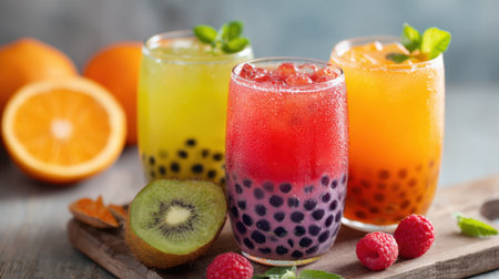 Three vibrant bubble tea drinks with fresh fruit and tapioca pearls are artfully arranged on a wooden table.の素材