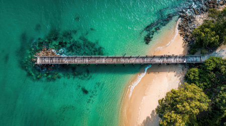 A wooden pier stretches across the clear turquoise waters surrounded by sandy beach and lush greenery.の素材
