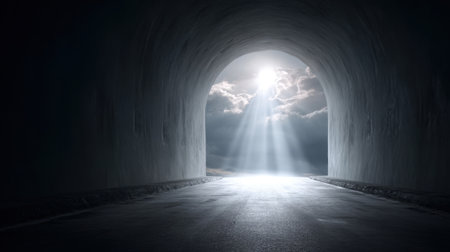 A tunnel with a sun shining through it. The tunnel is dark and the sun is bright. The sun is shining through the tunnel and creating a beautiful lightの素材