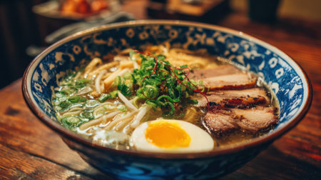 A steaming bowl of ramen features rich broth tender pork slices a soft boiled egg and green onions for garnish.の素材