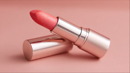 A vibrant lipstick leans against its sleek case on a soft pink background highlighting beauty and fashion.の素材