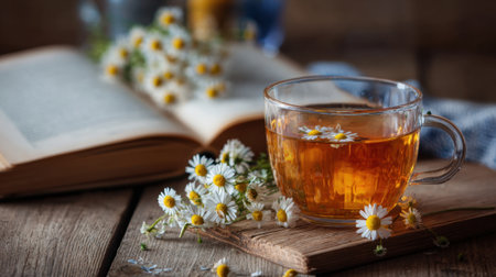 Warm chamomile tea sits beside a book adorned with fresh wildflowers creating a peaceful ambiance.の素材