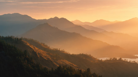 Early morning light casts warm hues over rolling hills and distant peaks creating a serene landscape.の素材