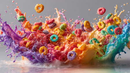Cereal erupts in a joyful splash of colors while being poured into milk creating a lively scene.の素材