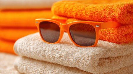 Sunny scene featuring vibrant orange sunglasses atop soft folded towels inviting comfort and leisure.の素材