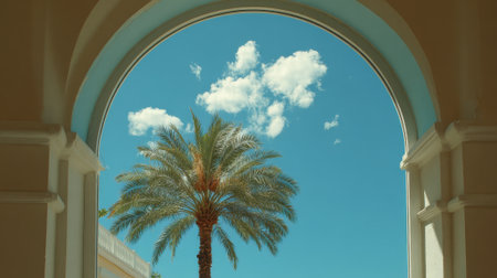 A palm tree stands gracefully beneath a clear blue sky framed by an elegant archway.の素材