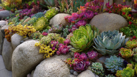 Lush garden features a variety of succulents and stones creating an eye catching display of color and texture.の素材