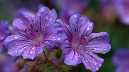Delicate purple blooms adorned with tiny water droplets shine brightly in a lush garden after rainfall.の素材