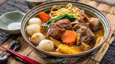 A steaming bowl of ramen brimming with succulent meat fresh vegetables and flavorful broth rests on a bamboo mat.の素材