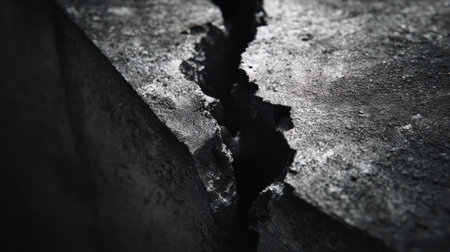 Deep fractures in concrete tell a story of wear and natural forces acting over time.の素材
