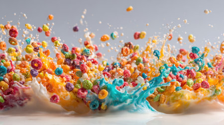 Bright cereal bursts into a lively splash mixing colors in a fun and dynamic scene.の素材