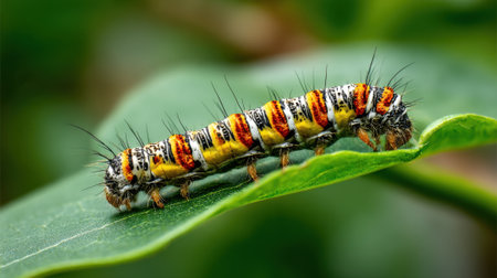 A bright caterpillar crawls along a leaf in a lush garden filled with life.の素材