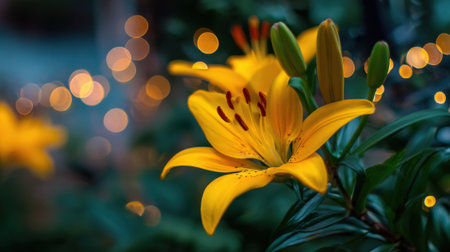 Vibrant yellow lilies stand out against a soft glimmering background of warm bokeh lights in evening.の素材