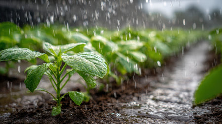 Small green plants bask in the refreshing shower of rain in a lively agricultural field.の素材