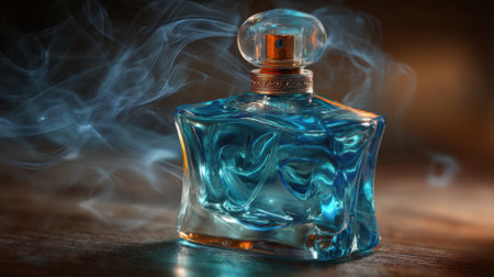 A beautiful blue glass bottle glimmers softly as wisps of smoke dance around it creating a mystical ambiance.の素材