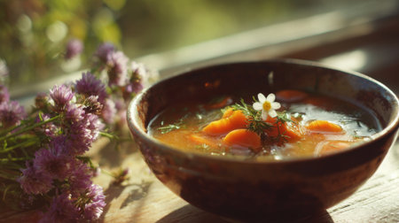 Delicious vegetable soup filled with bright carrots and herbs set beside lovely blooming flowers in sunlight.の素材