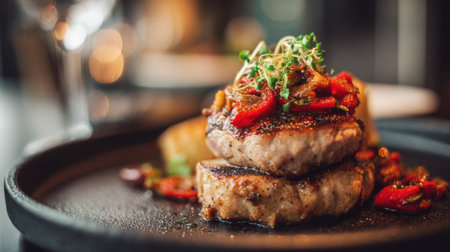 Succulent grilled steak topped with vibrant vegetables is served in an inviting restaurant atmosphere.の素材