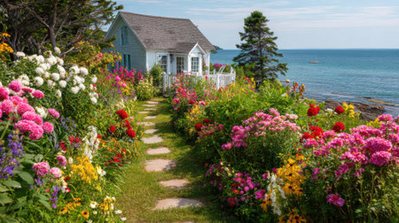 A vibrant pathway of flowers guides to a charming cottage by the sea under a bright sky.の素材