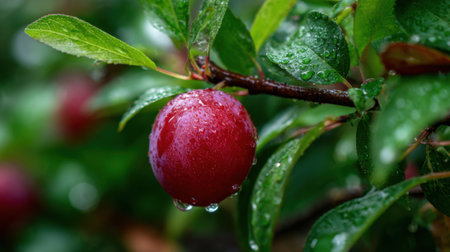 A vibrant red plum hangs on a wet branch surrounded by glossy green leaves after a gentle rain.の素材