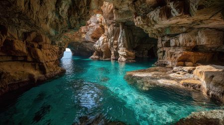 Bright sunlight filters through the rocky archways revealing turquoise waters below.の素材