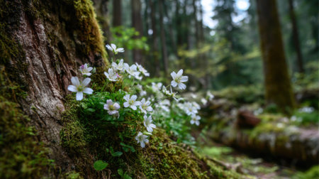 White flowers thrive on a moss covered tree trunk surrounded by a tranquil forest capturing springs essence.の素材