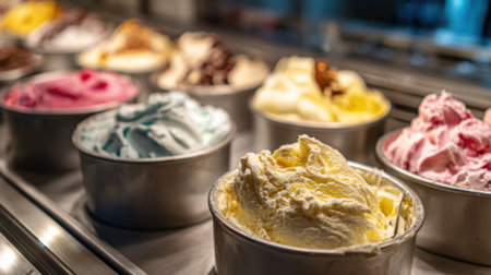 Brightly colored scoops of ice cream are displayed in metal tubs tempting customers with sweet choices.の素材