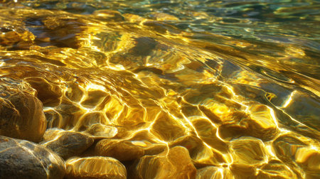 Ripples of sunlight shimmer across clear water showcasing golden hues over rounded river rocks.の素材