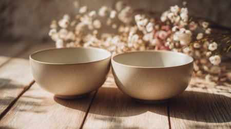 Two beautiful plain bowls sit on a wooden surface illuminated by warm sunlight with flowers in the background.の素材