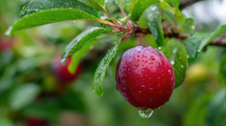 A bright red plum hangs on a branch glistening with drops of dew in a sunny orchard.の素材
