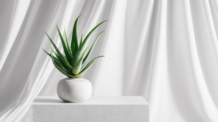 Aloe vera plant sits gracefully in a simple pot on a clean pedestal surrounded by soft white fabric.の素材