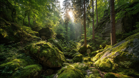 Light filters through trees illuminating moss covered rocks in a tranquil forest setting.の素材