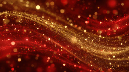 Waves of gold flow over a rich red backdrop capturing a festive spirit with sparkling light.の素材