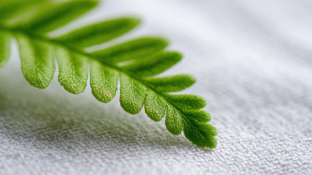 A vibrant green fern leaf showcases its intricate texture against a soft white background illuminated by natural light.の素材