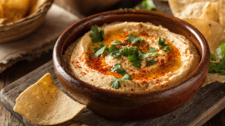 A bowl filled with smooth and creamy hummus topped with herbs and spices sits beside crispy chips.の素材