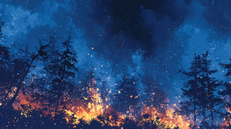 Flames rise from the forest floor as stars fill the night sky creating a striking contrast of light and dark.の素材