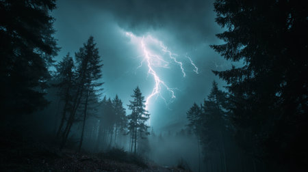 Bright flashes of lightning cut through the heavy clouds illuminating tall trees in a dark misty forest.の素材