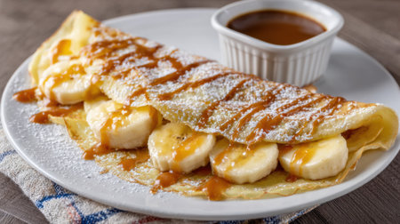 Fluffy crepe filled with banana slices drizzled with caramel and powdered sugar on a wooden surfaceの素材