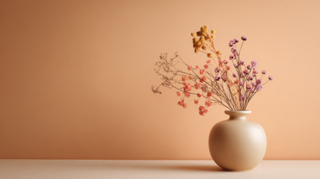 A stylish vase holds a mix of vibrant dried flowers adding charm to a soft peach backdrop.の素材