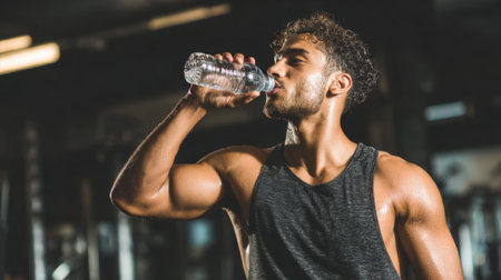 Man in athletic wear enjoys a refreshing drink of water while exercising at the gym focusing on fitness.の素材