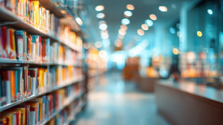 Brightly colored books line the shelves of a spacious library on a peaceful afternoon.の素材