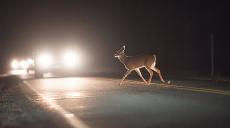 A deer carefully walks across a dark road as headlights shine through the fog creating a serene scene.の素材