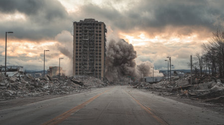 Smoke and debris fill the air as a tall building falls during an intense demolition at sunset.の素材