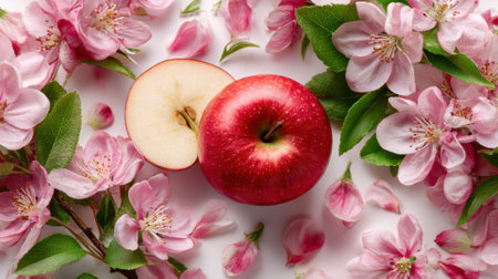 A bright red apple sits amidst soft pink blossoms and fallen petals capturing the essence of springs beauty.の素材