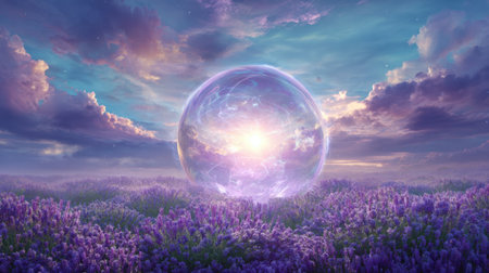 A vibrant bubble hovers above lavender flowers reflecting colors of a stunning sunset.の素材