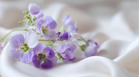 A cluster of gentle purple flowers rests on smooth white fabric showing their beauty and charm.の素材